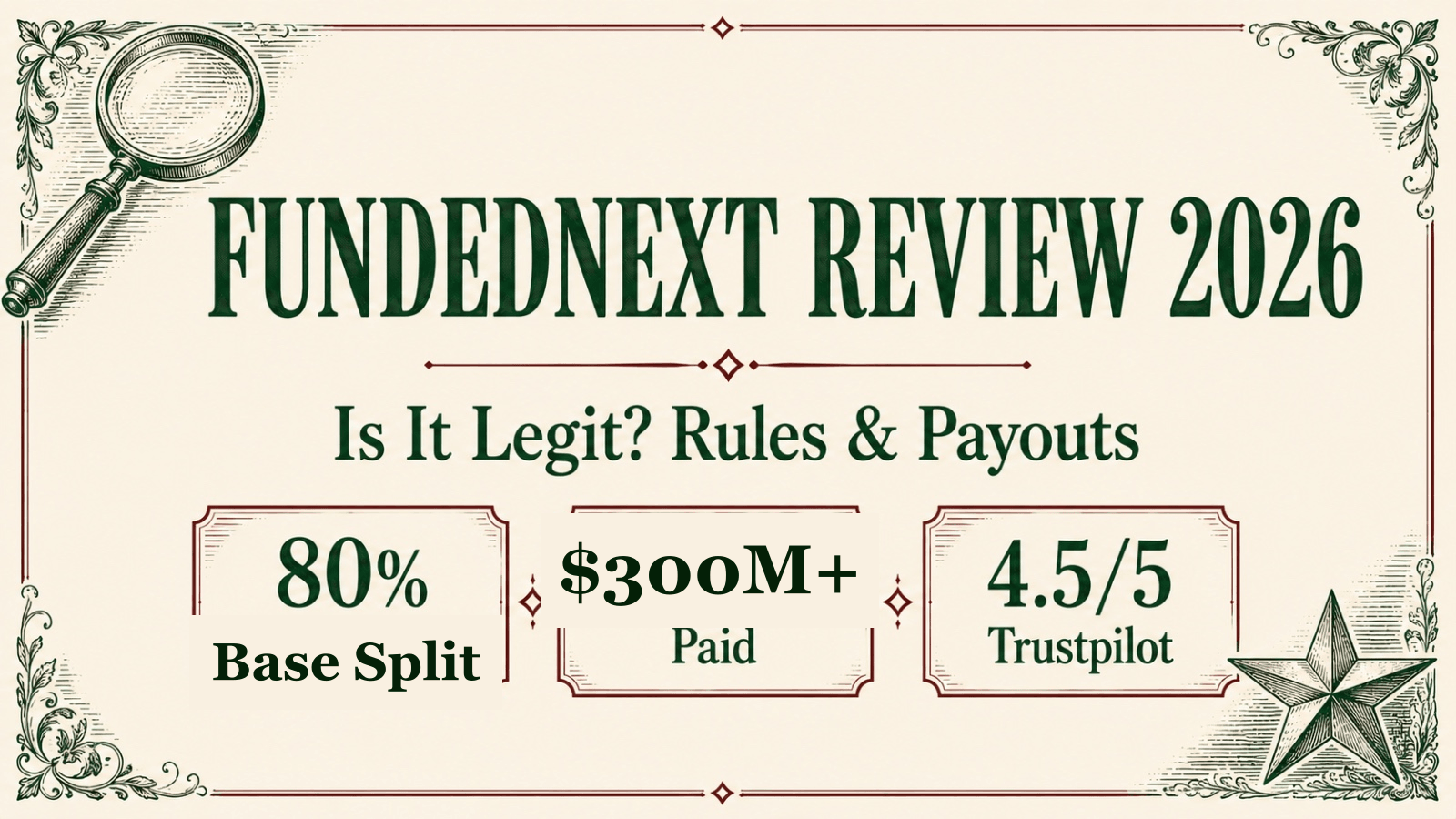 A magnifying glass and star rating over a FundedNext review scorecard