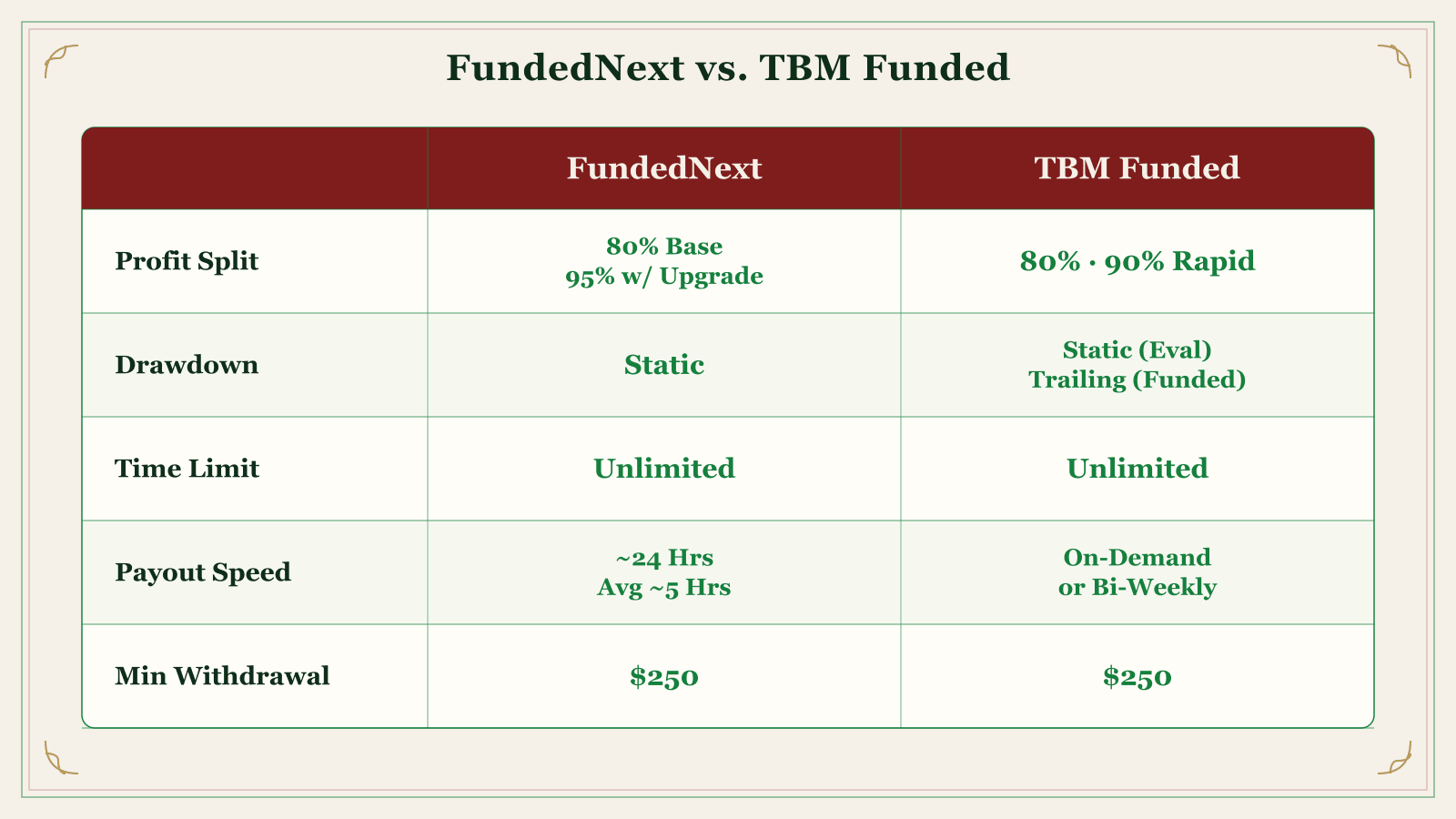 A side-by-side rules comparison between FundedNext and TBM Funded
