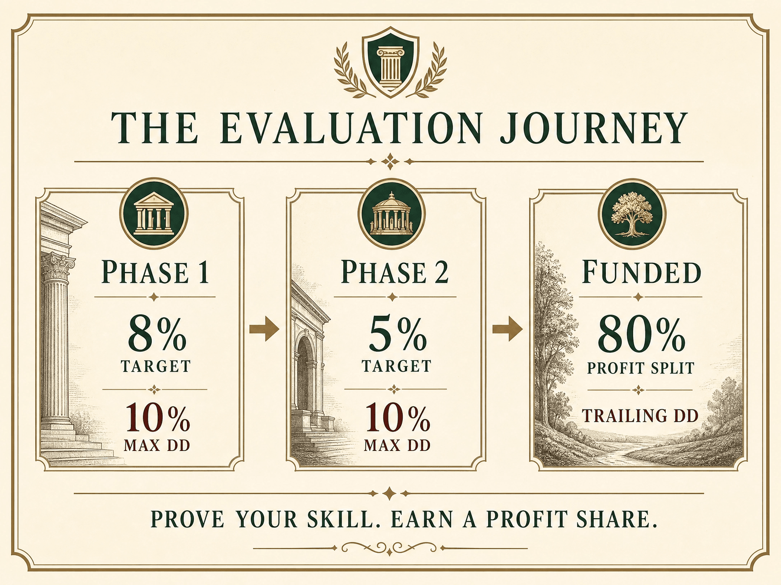 The three-stage funded-trader path: evaluation Phase 1, Phase 2, then funded and paid