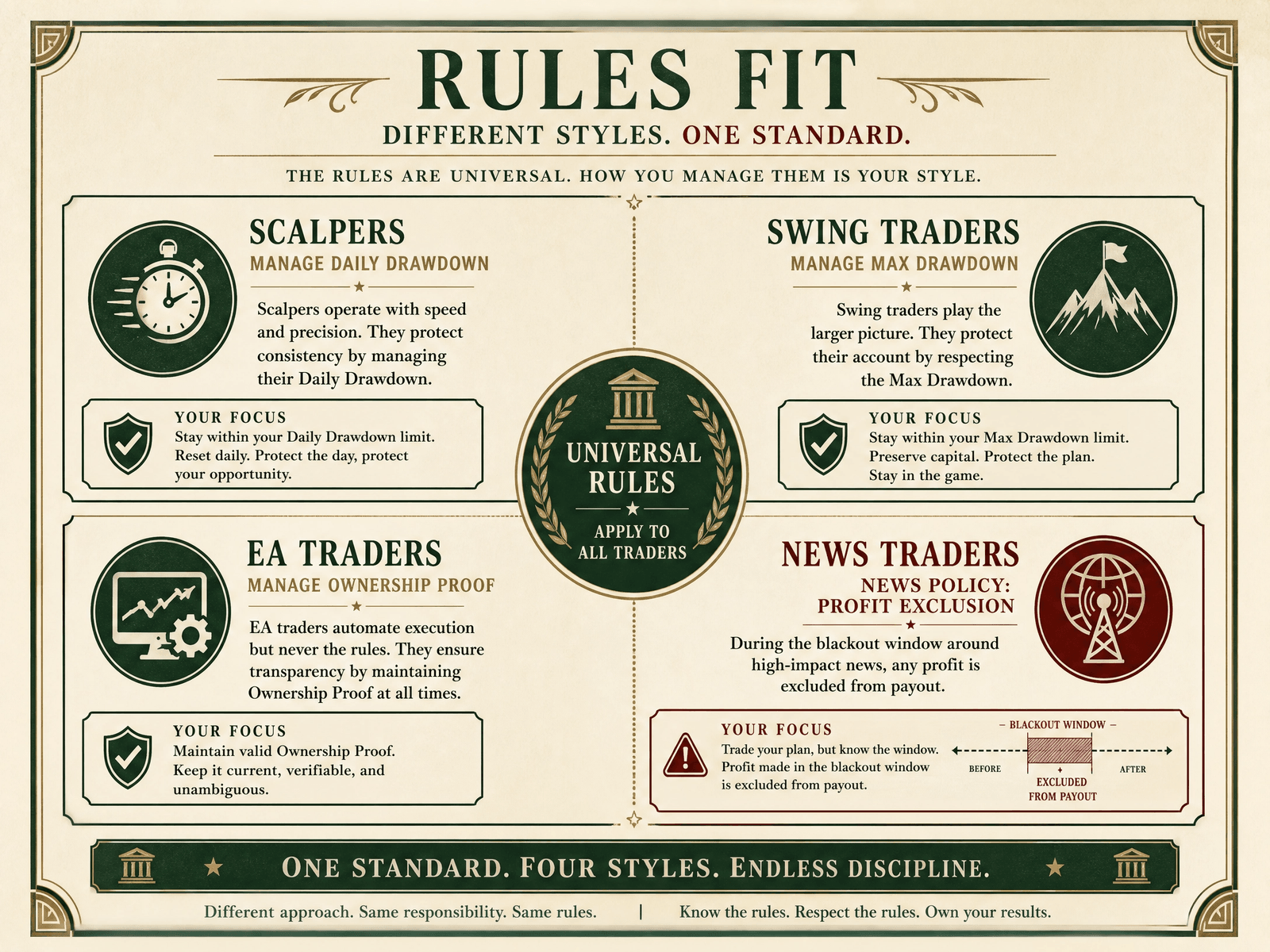 How the same four trading styles line up against drawdown type, EA policy, and news rules
