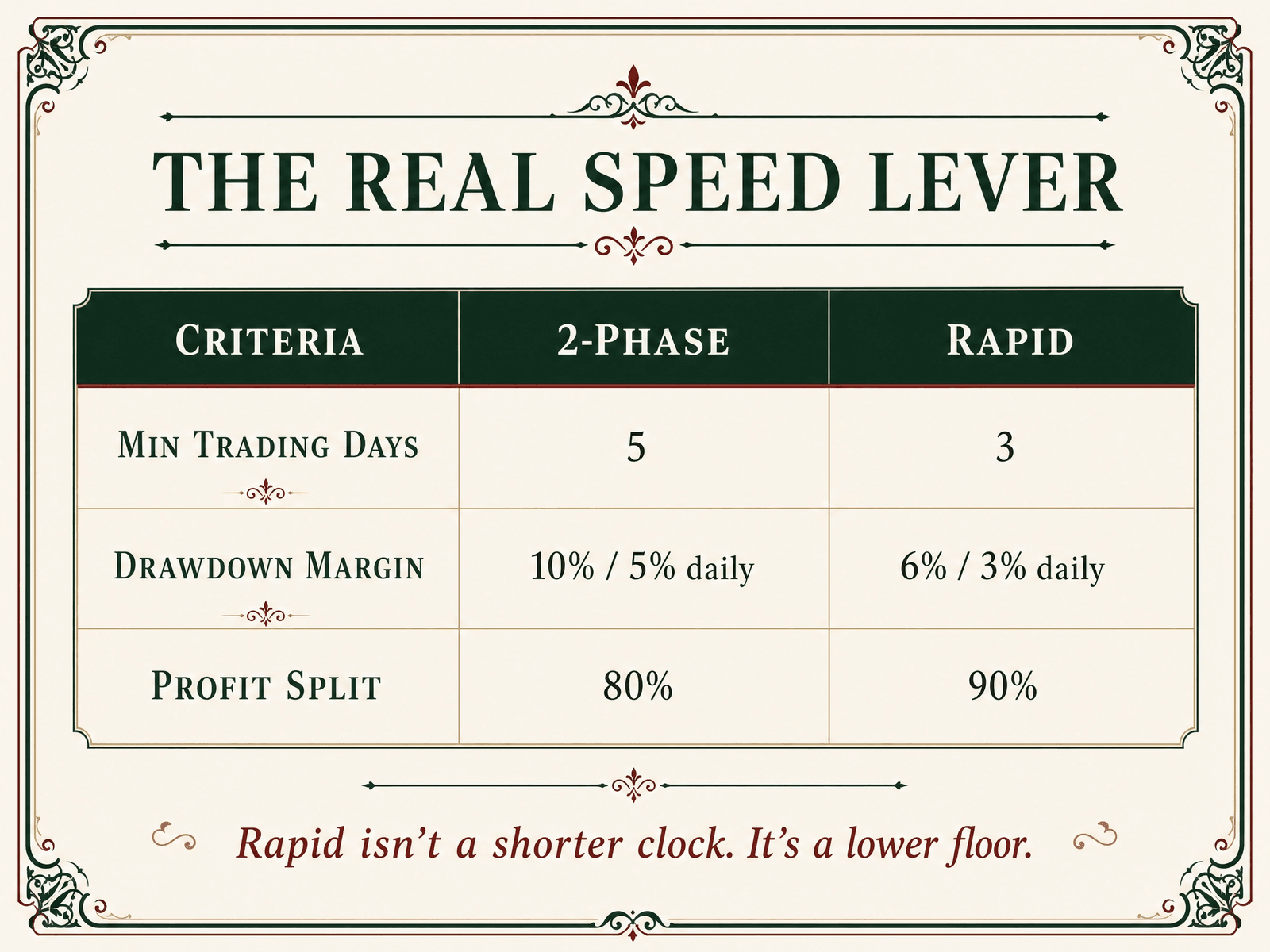 2-Phase vs Rapid: minimum trading days, drawdown limits, and profit split side by side