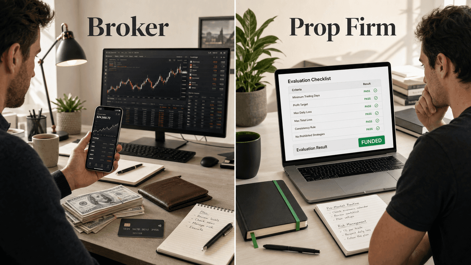Two paths side by side — a broker account funded by the trader vs a prop firm evaluation