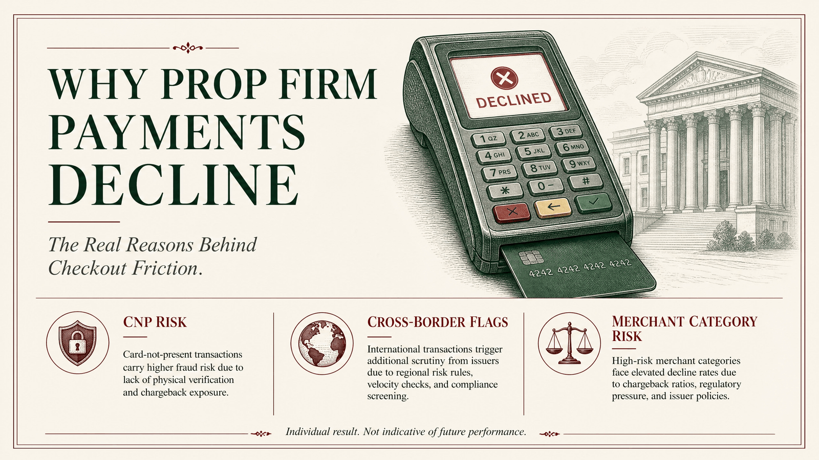 A trader's card declined at checkout for a prop firm challenge, with the real reasons behind it