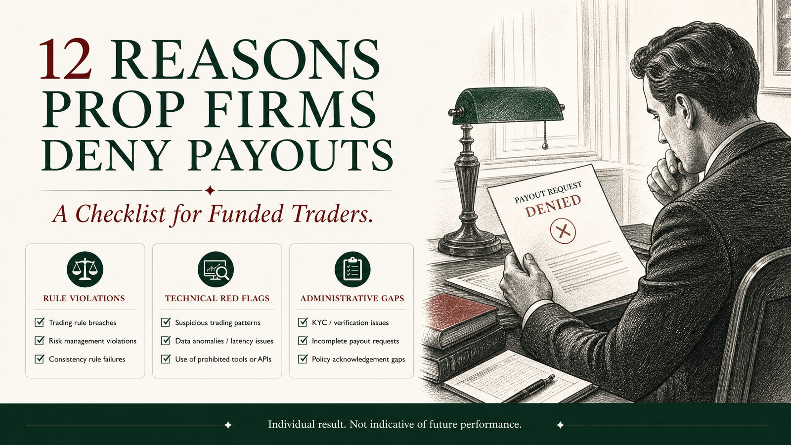 A funded trader reviewing a denied payout notice, checking which rule triggered it