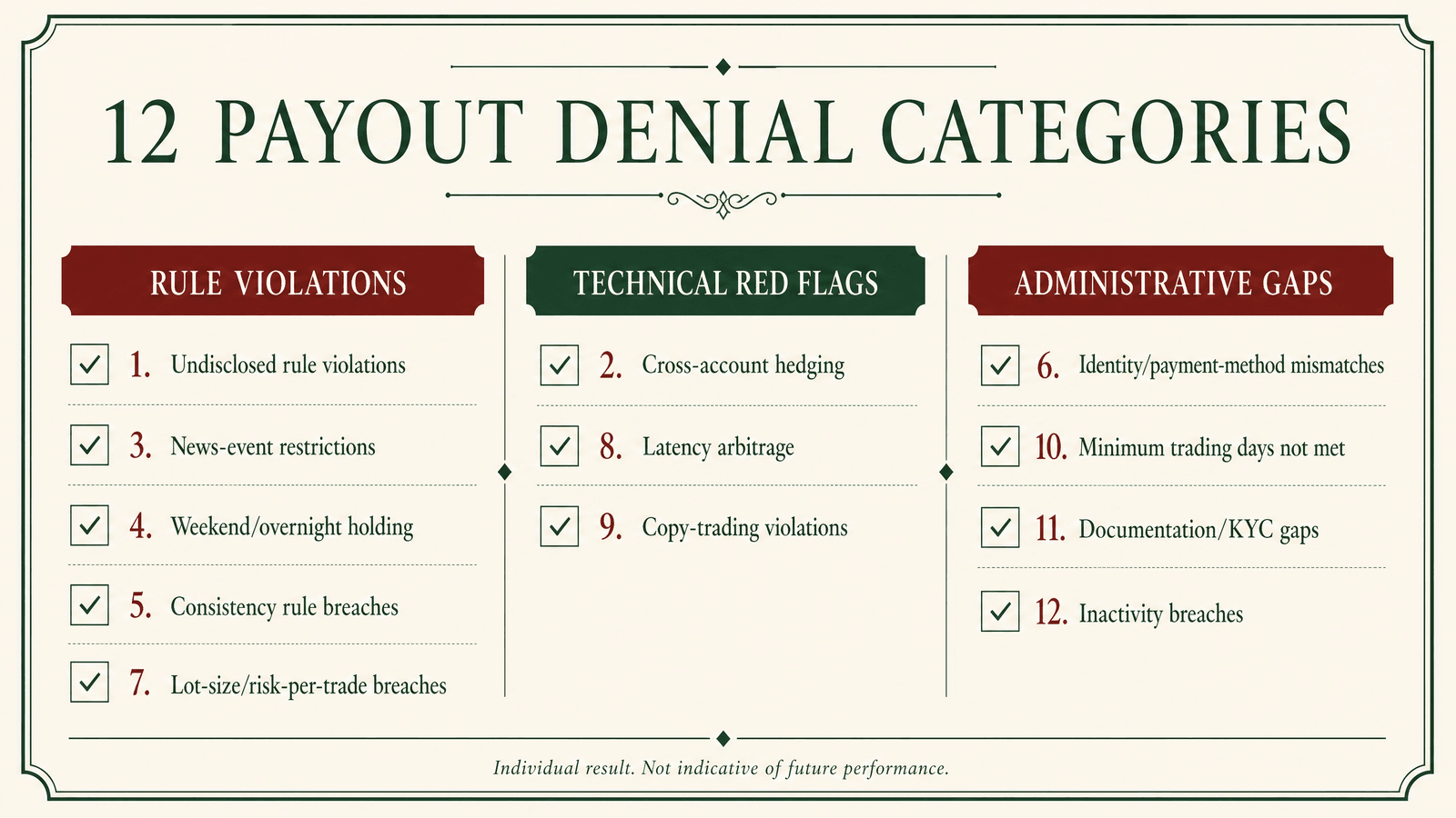 All 12 payout denial trigger categories, grouped by rule violations, technical flags, and administrative gaps