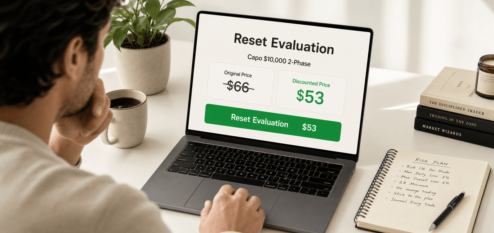 A trader reviewing the reset option after a failed evaluation attempt