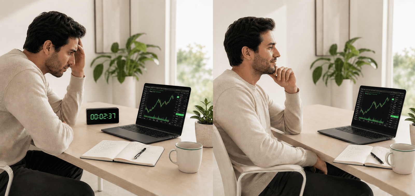 A trader under deadline pressure making a rushed trade versus one trading on their own schedule