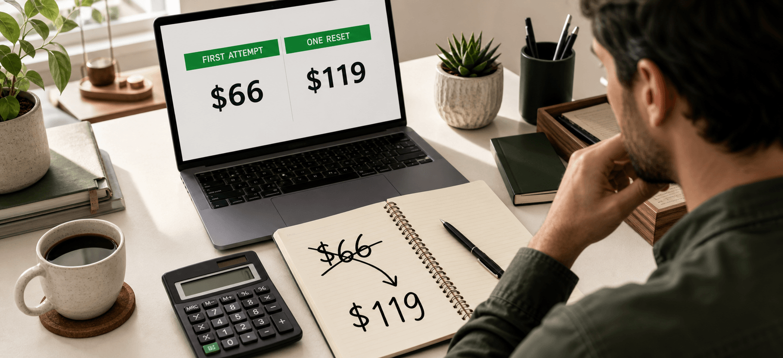 A trader calculating the real cost of a funded account across two attempts
