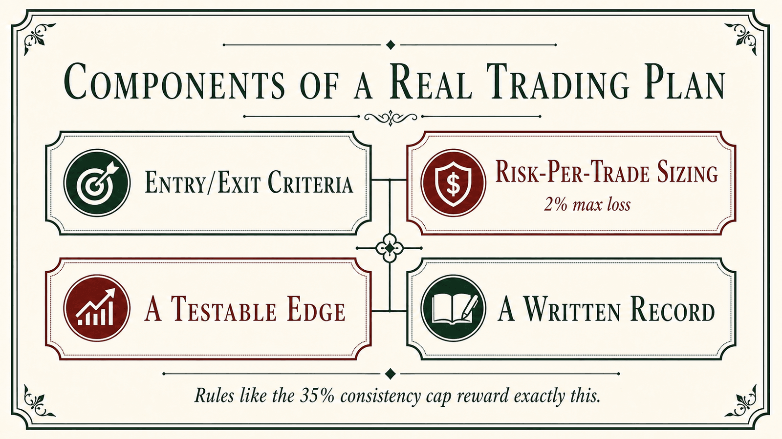 Four questions of a trading plan feeding into one trade decision: entry, exit, risk, sizing