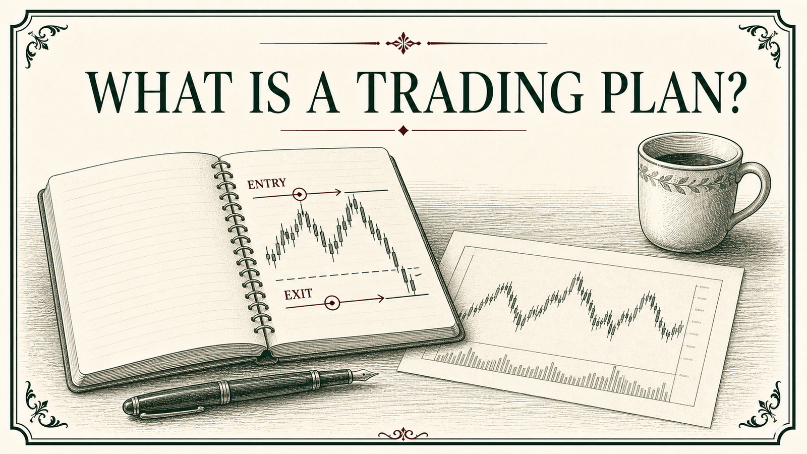 A trader's written trading plan next to a live chart, before any trade is placed