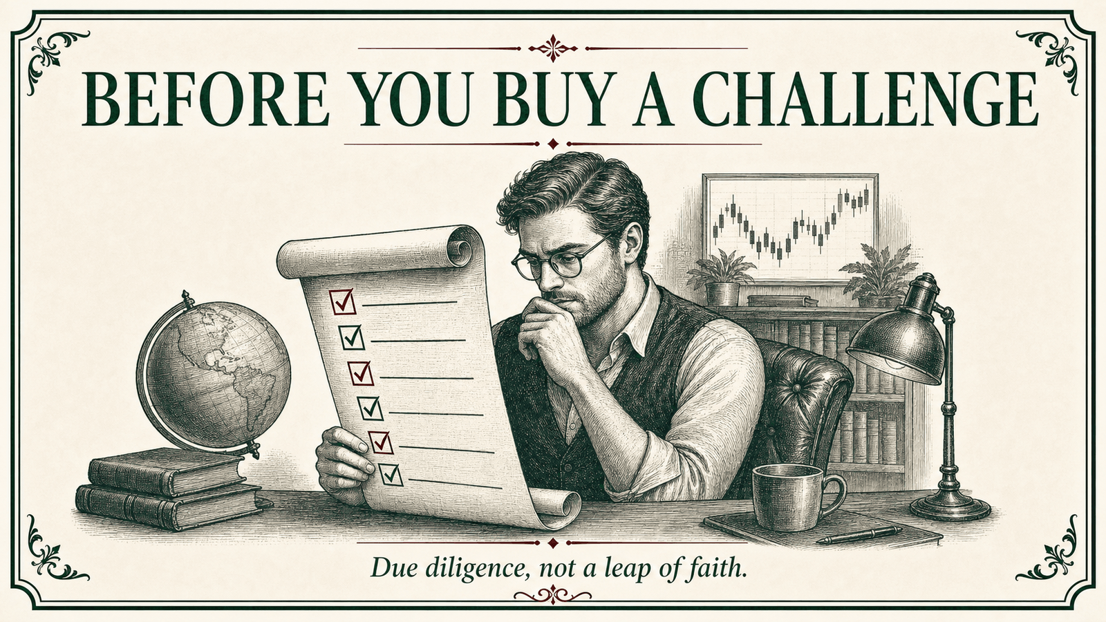 A trader reading a prop firm's rulebook before paying for an evaluation challenge