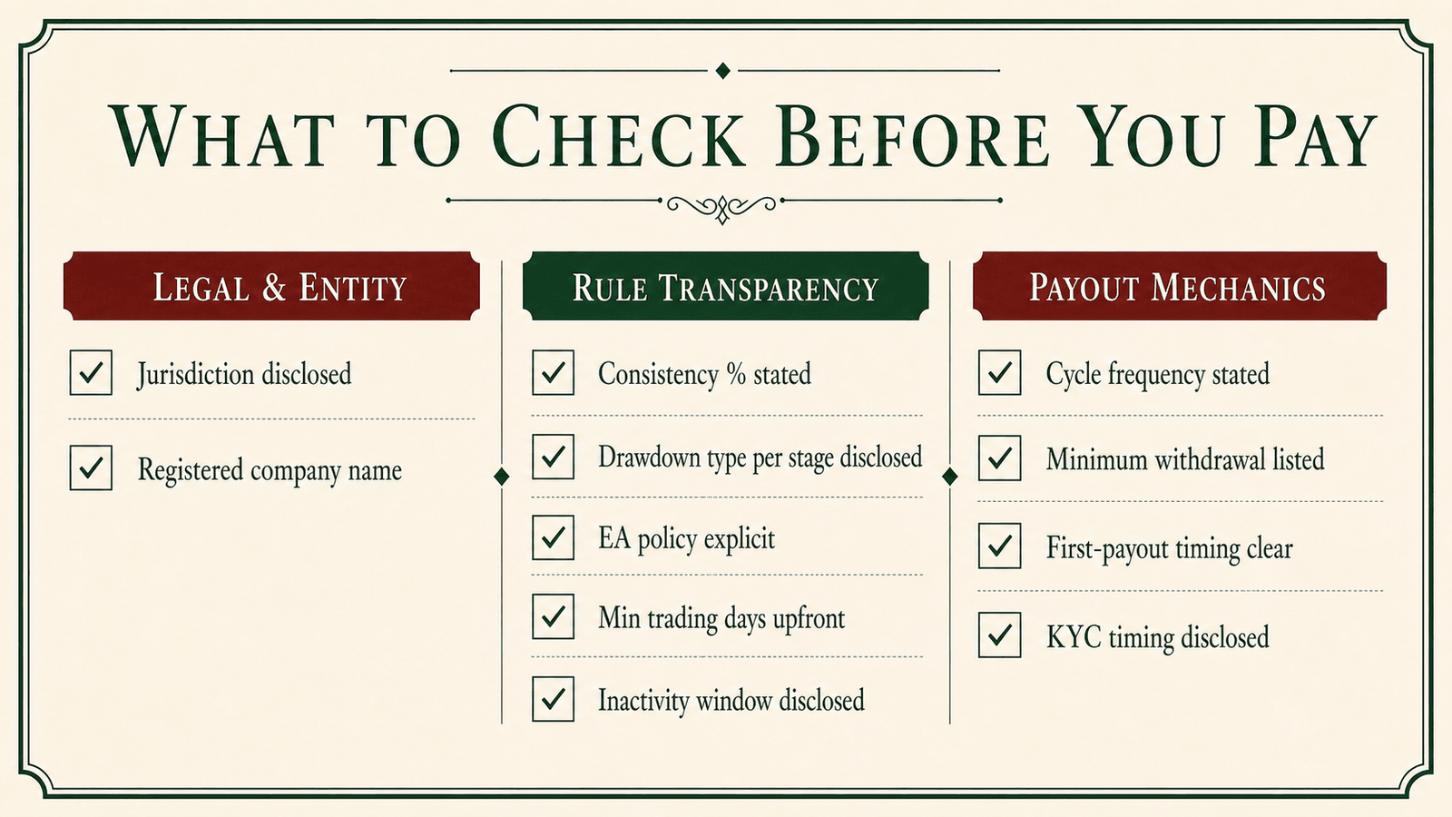 The 13-point checklist grouped by who you're paying, what the rules say, and what happens after you pass