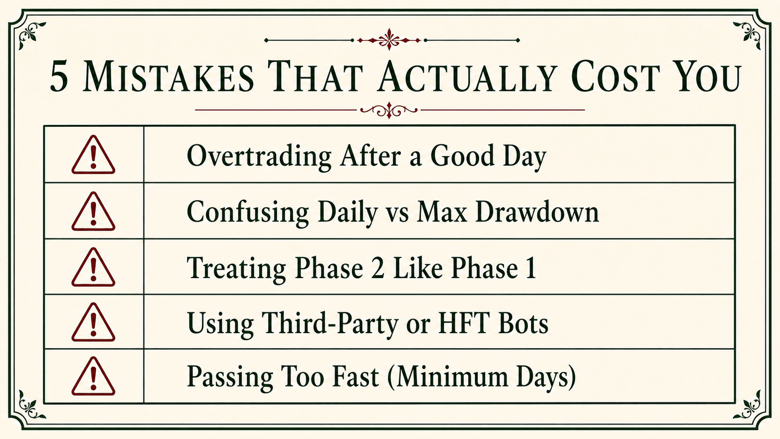 A comparison table of common prop firm challenge mistakes and their real outcomes