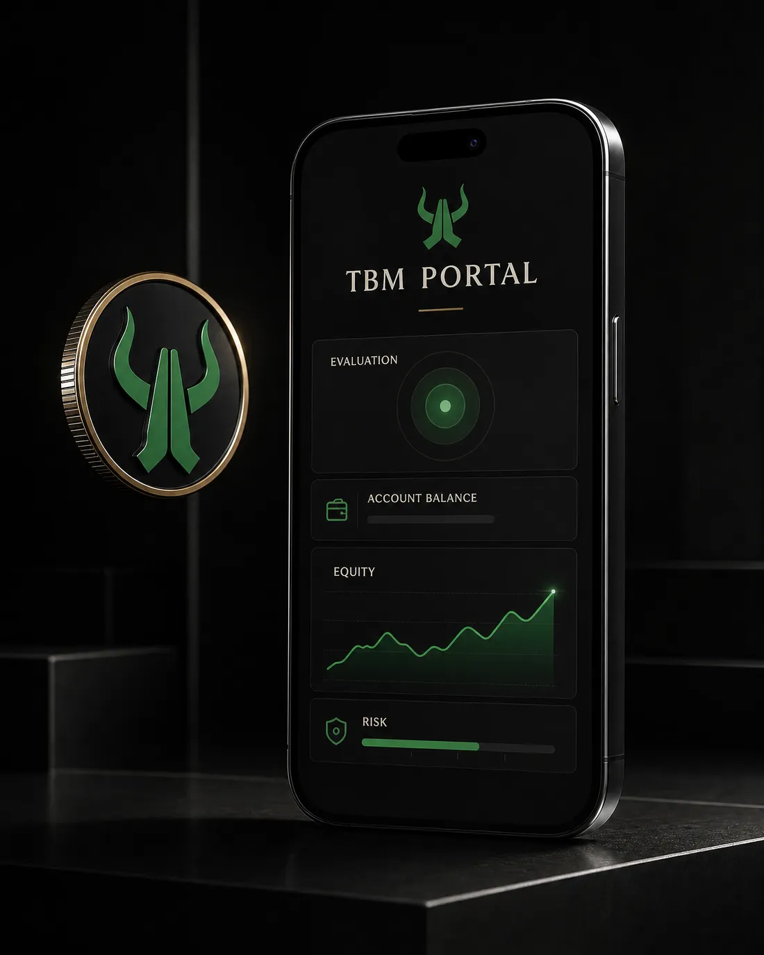 The TBM portal on a phone — evaluation, balance, equity and risk