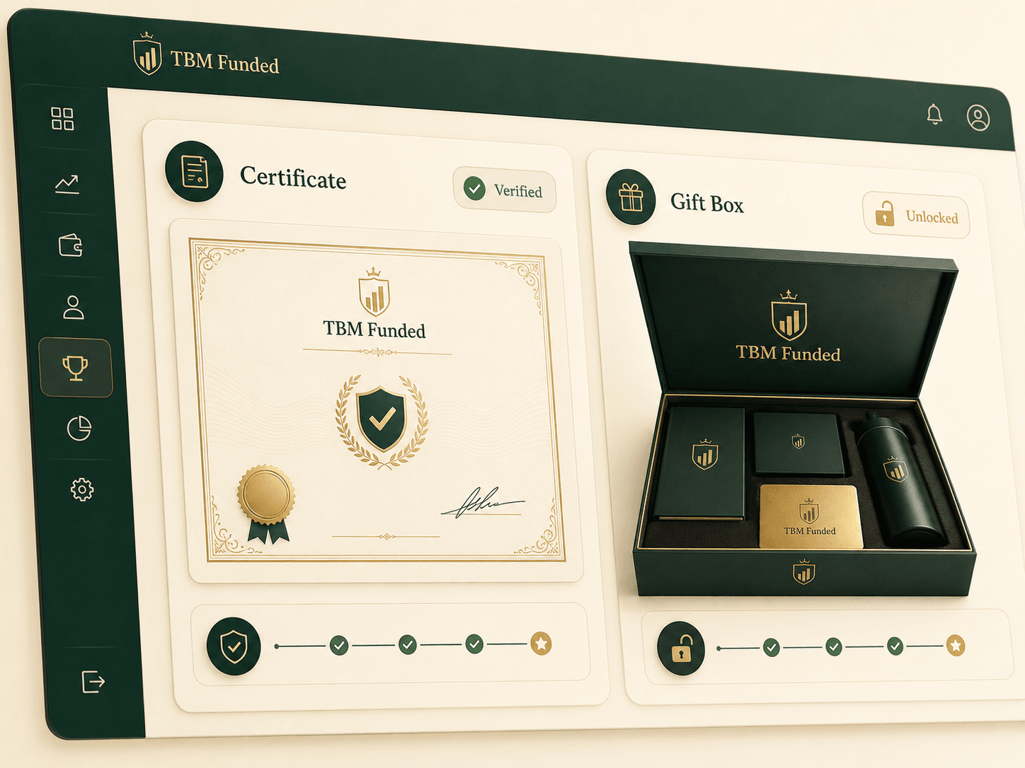 TBM Funded certificate and funded trader gift box